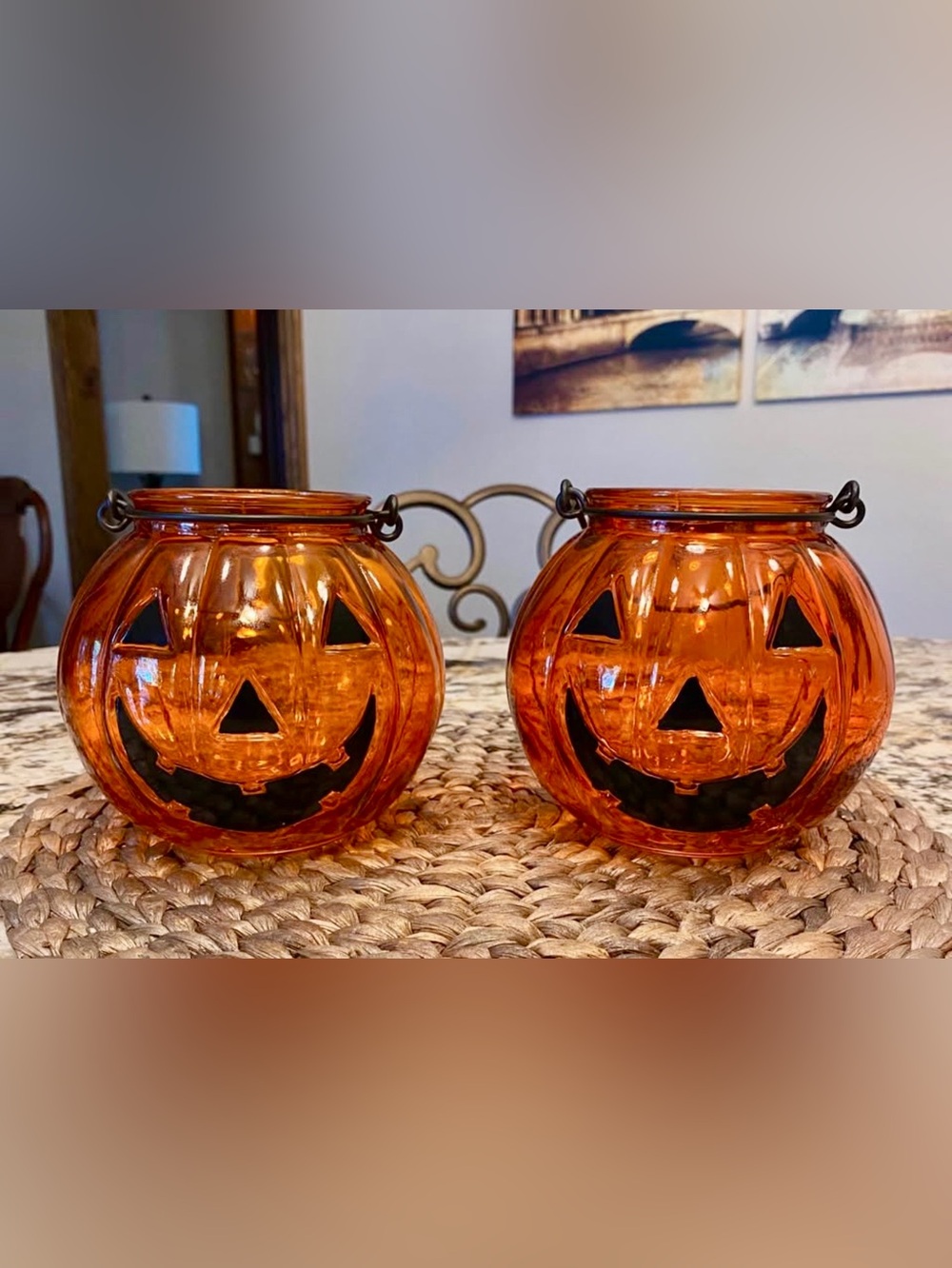 🎃 Orange Glass Jack-O'-Lantern Candle Holders - Set of 2